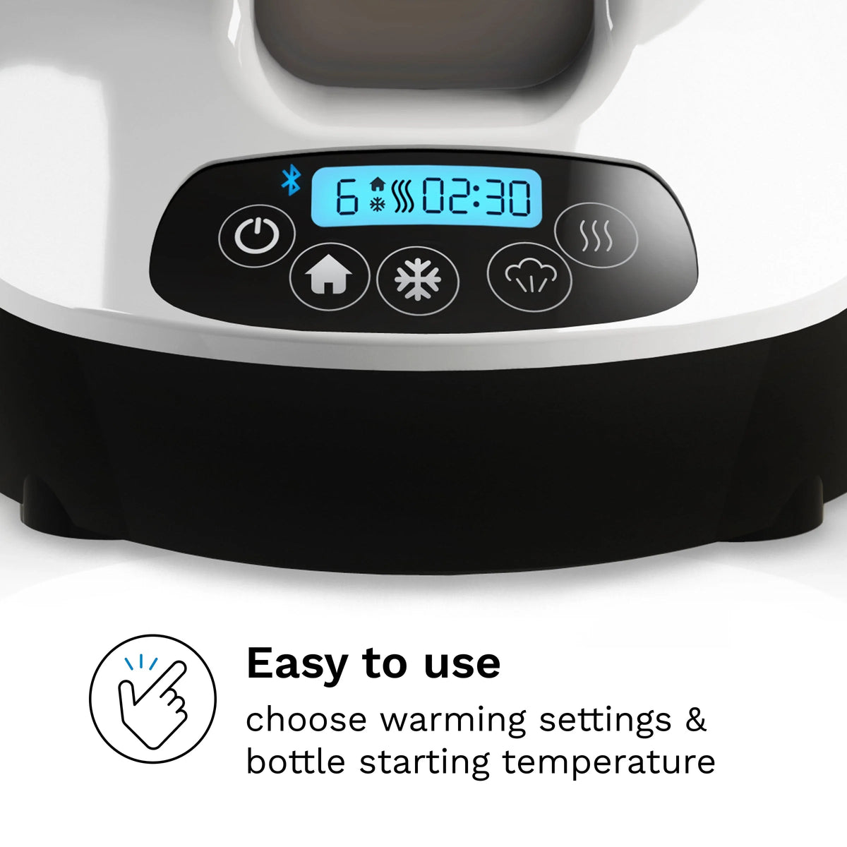 Black and white bottle warmer control panel with blue digital screen and buttons
