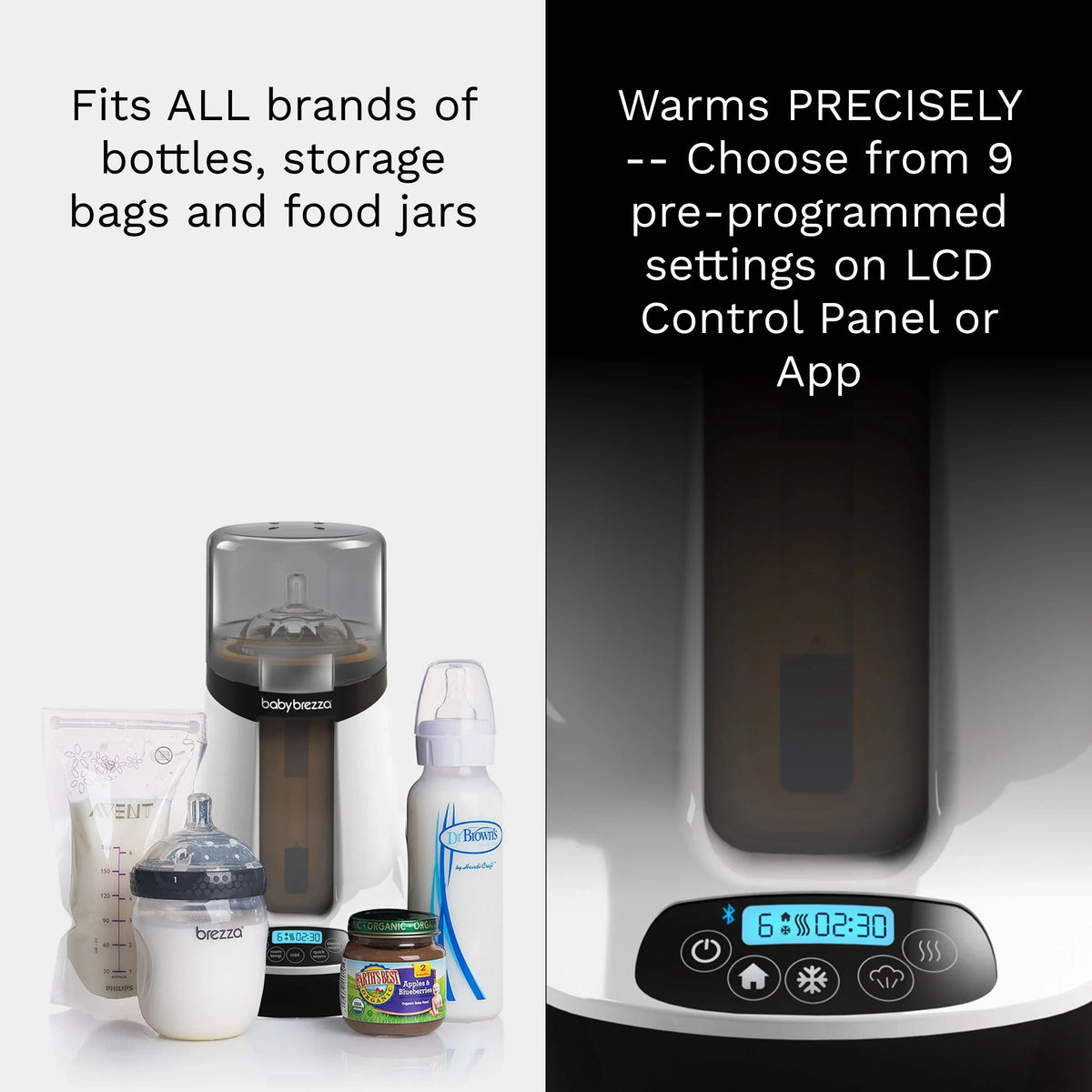 White and black bottle warmer base with blue-lit LCD display and clear top lid