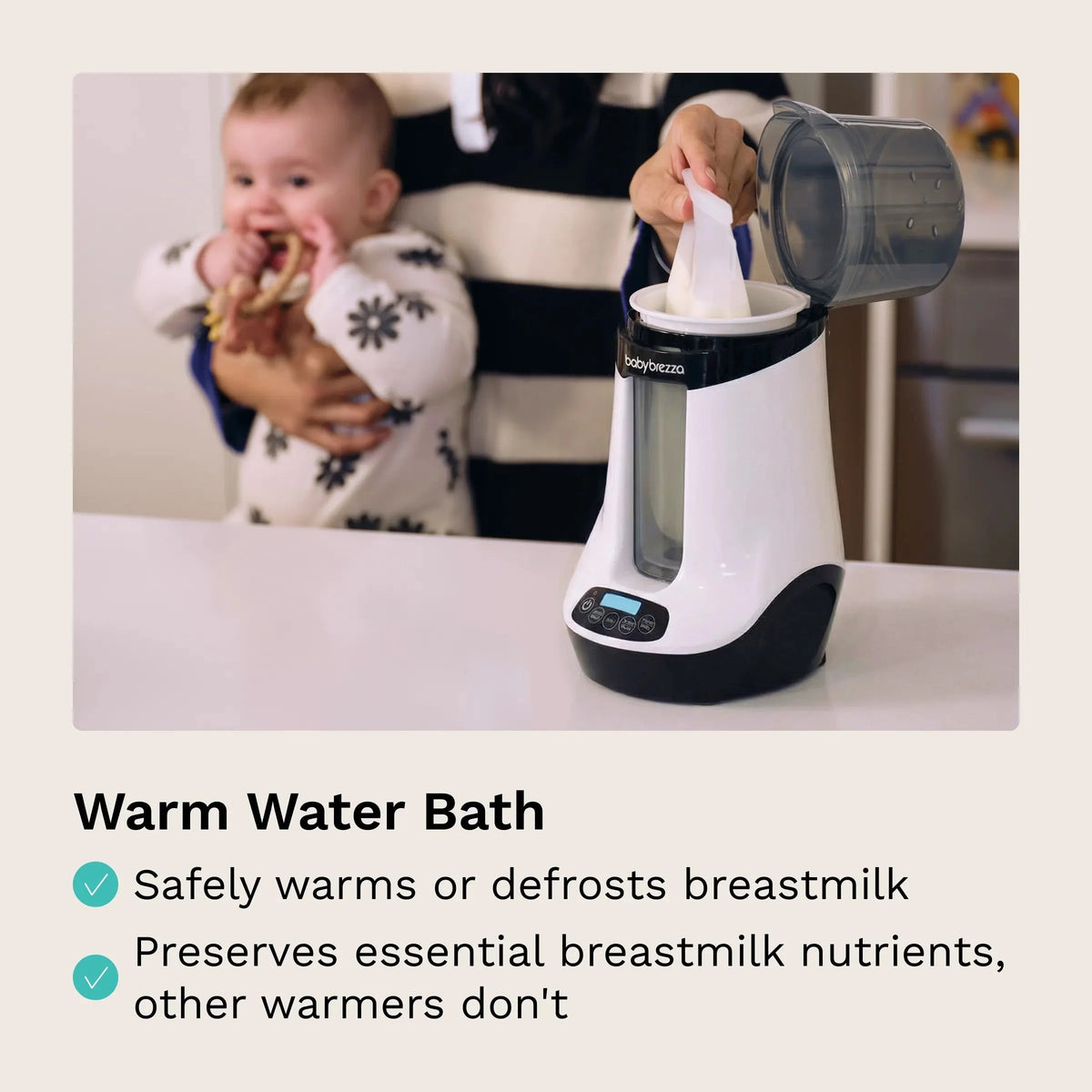 Baby Brezza warmer on countertop with bottle in clear chamber; caregiver pouring water