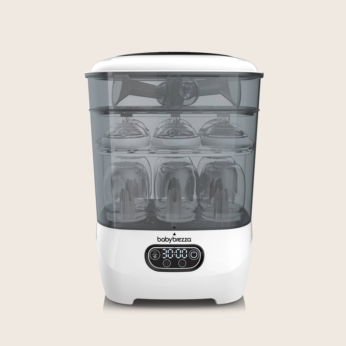 White sterilizer dryer with clear chamber showing bottle racks, front view