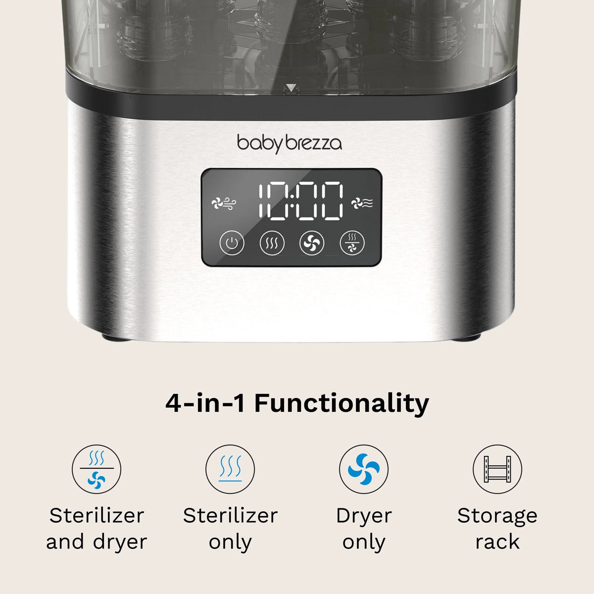 Stainless sterilizer dryer base with babybrezza control panel and function icons.