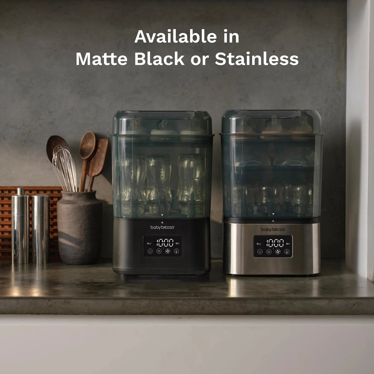 Countertop bottle sterilizer and dryer with two units, matte black and stainless