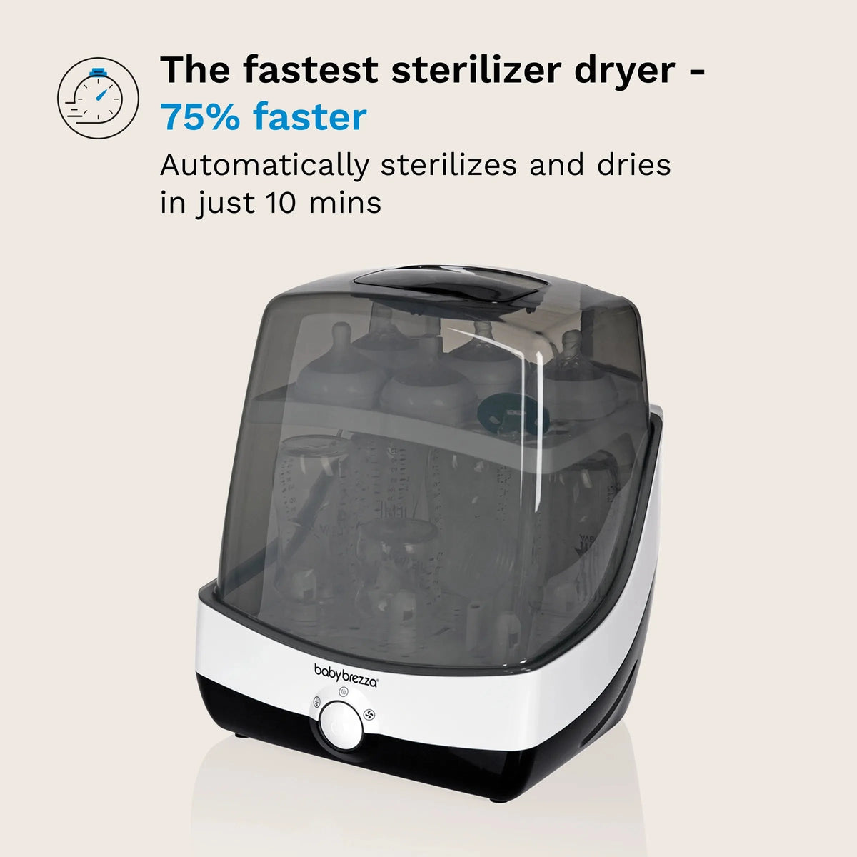 Countertop sterilizer and dryer with clear lid and white-and-dark front panel