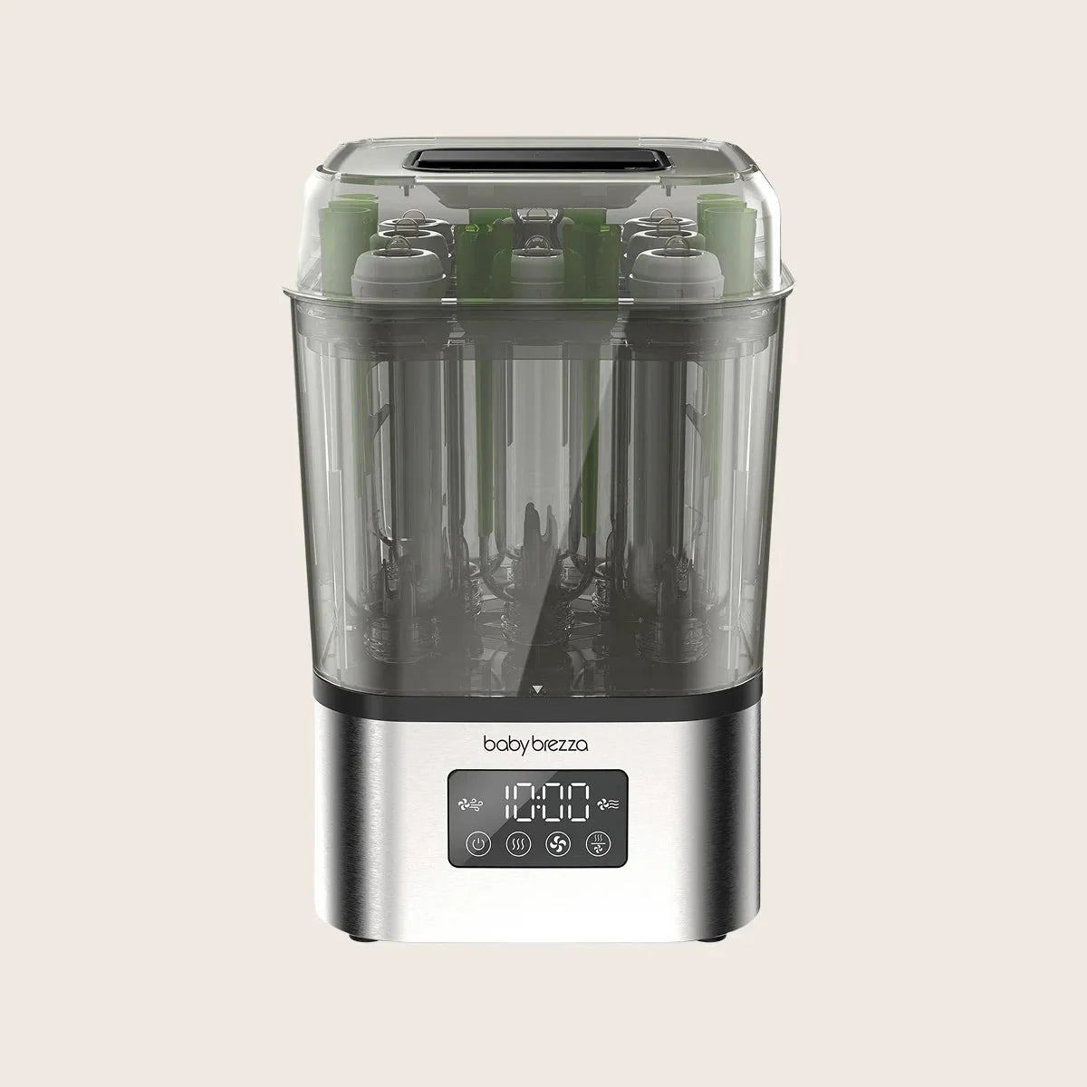 Countertop sterilizer dryer with clear chamber and digital display on stainless base.