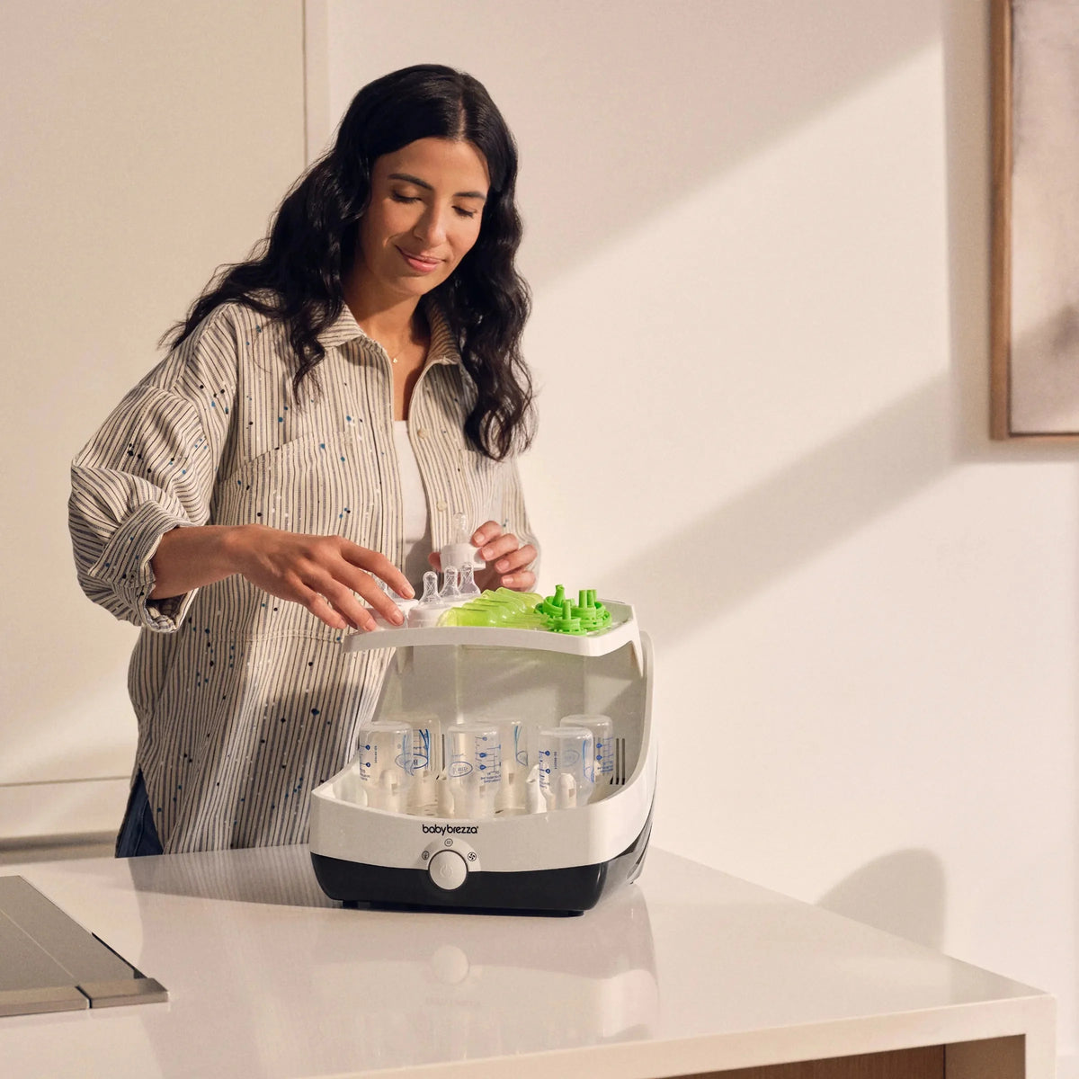 Stainless baby bottle sterilizer and dryer with open loading basket and lid