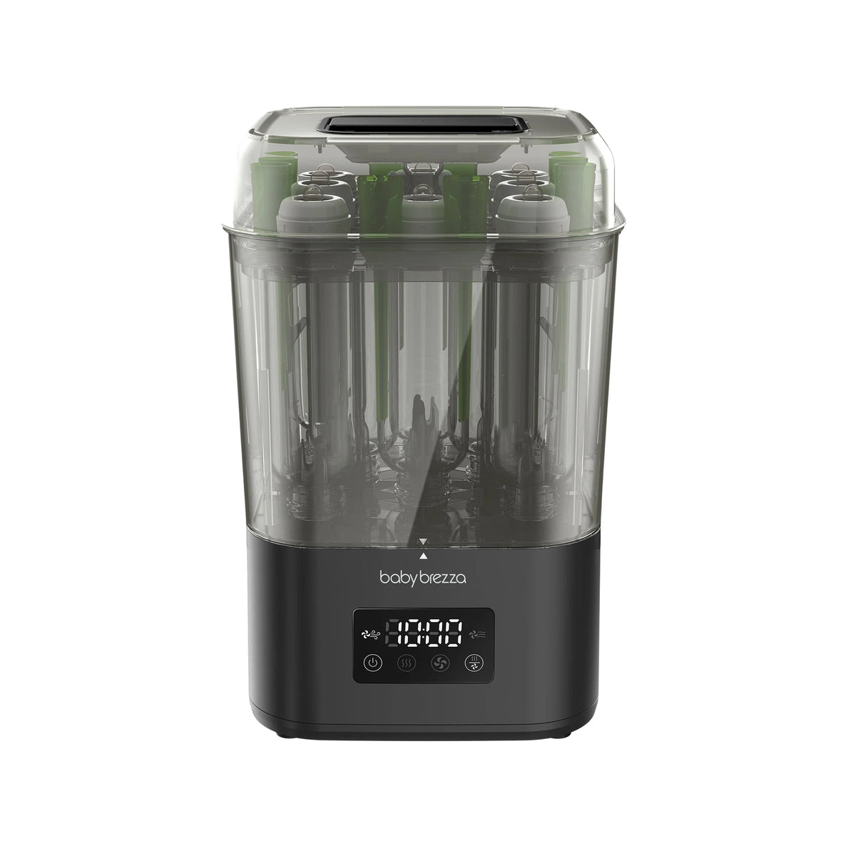 Baby bottle sterilizer and dryer with clear top chamber, black base, and LED control display