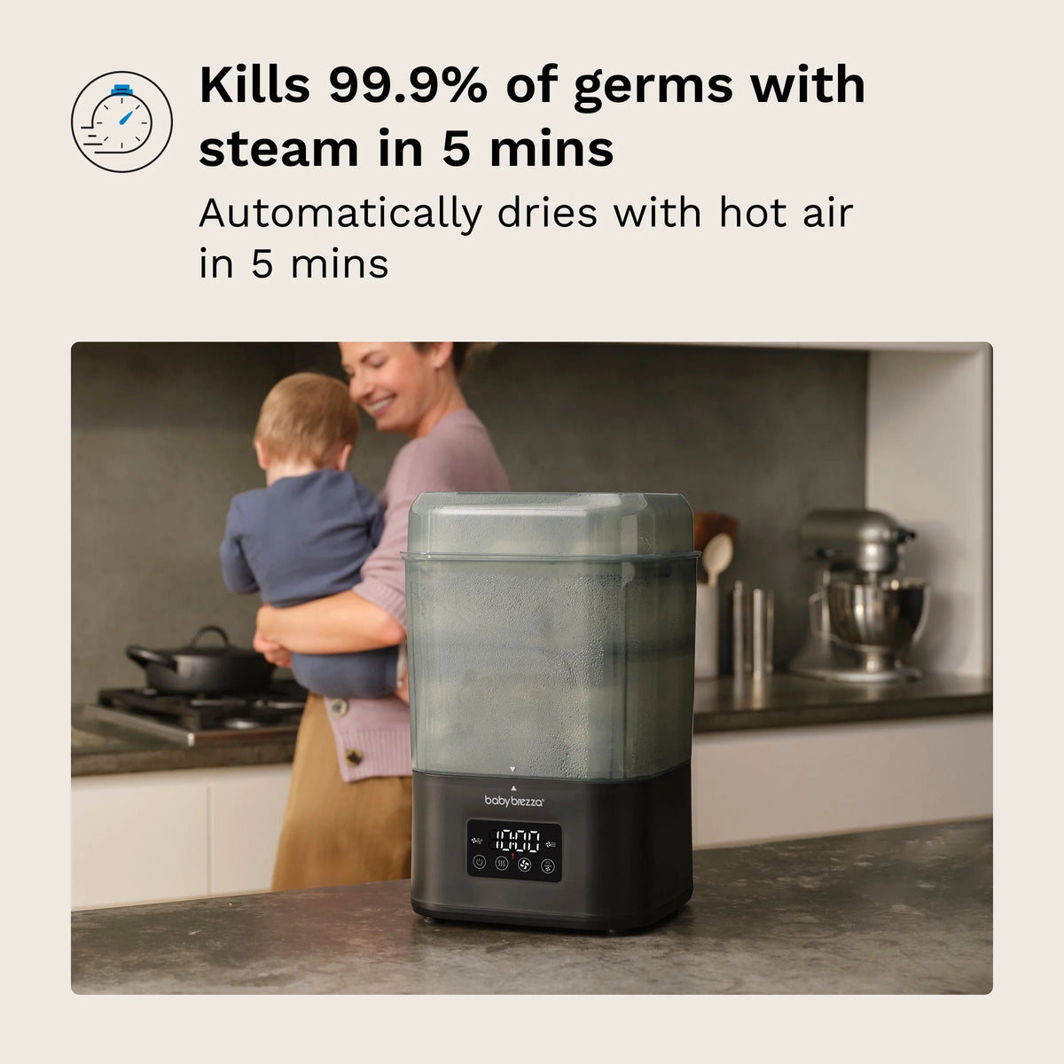 Countertop sterilizer dryer in matte black with clear lid and digital control panel.