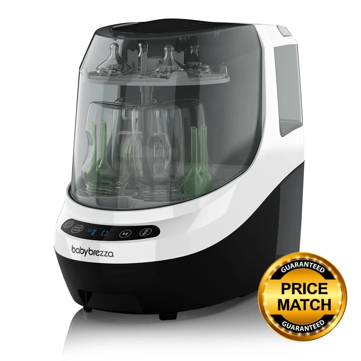Bottle washer and sterilizer dryer with lit display and loaded bottle parts