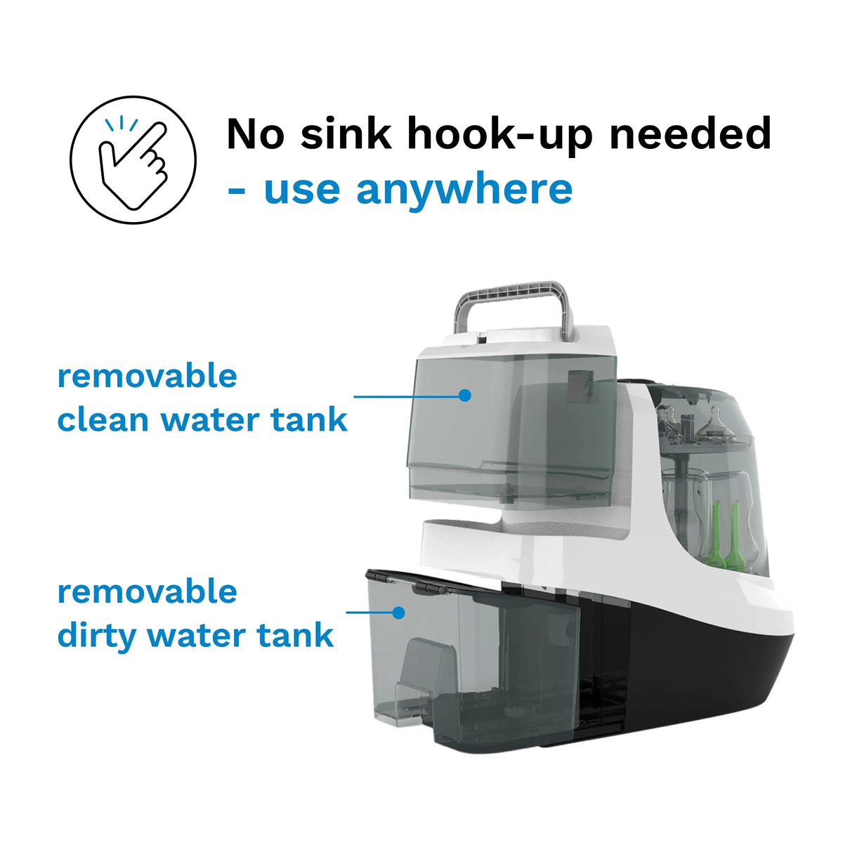 Bottle washer with removable clean and dirty water tanks, gray housing