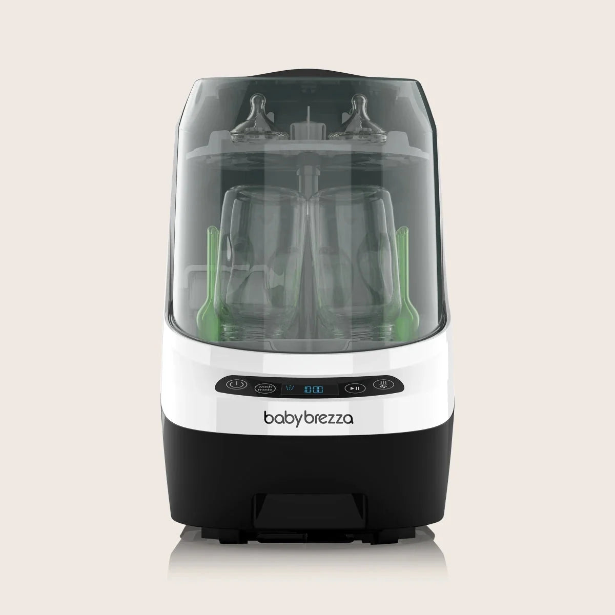 Compact bottle washer with clear dome lid, white control panel, green accessories