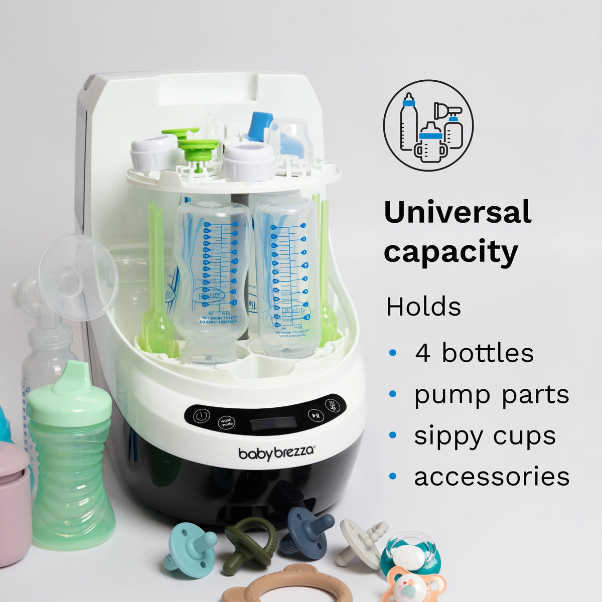 Countertop baby bottle sterilizer and dryer with open chamber and baby accessories