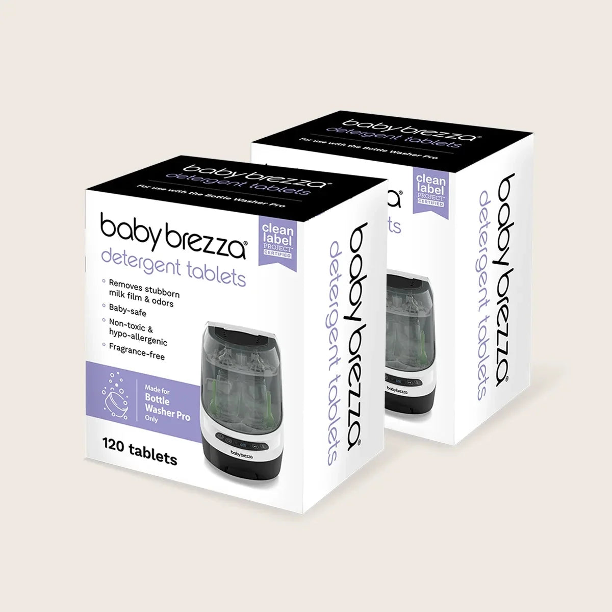 Stacked babybrezza detergent tablets boxes for Bottle Washer Pro, 120 count.