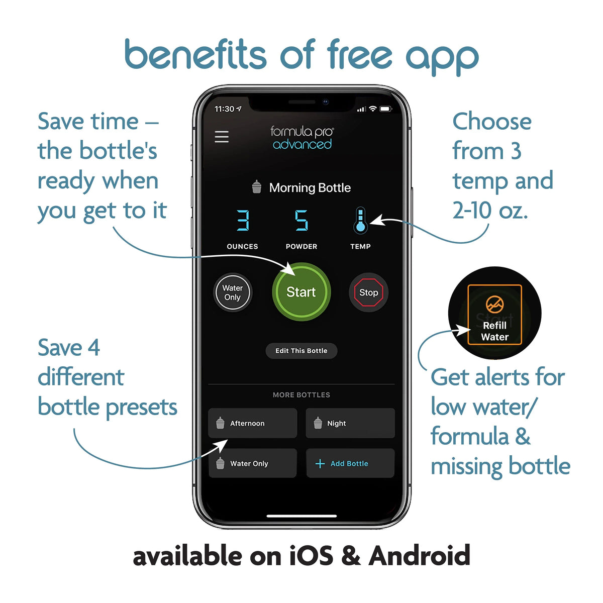 Smartphone app screen for baby formula dispenser benefits and bottle alerts