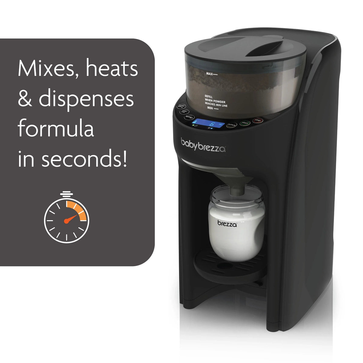 Black WiFi formula dispenser dispensing into bottle container