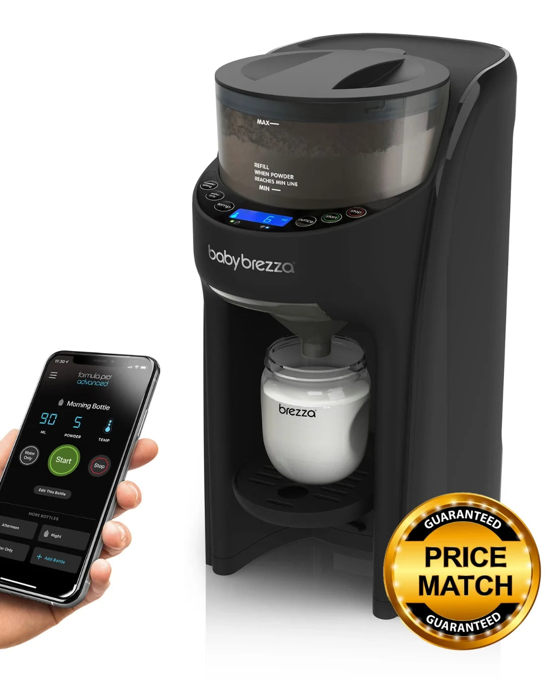 Black baby formula dispenser with control buttons and bottle warming chamber