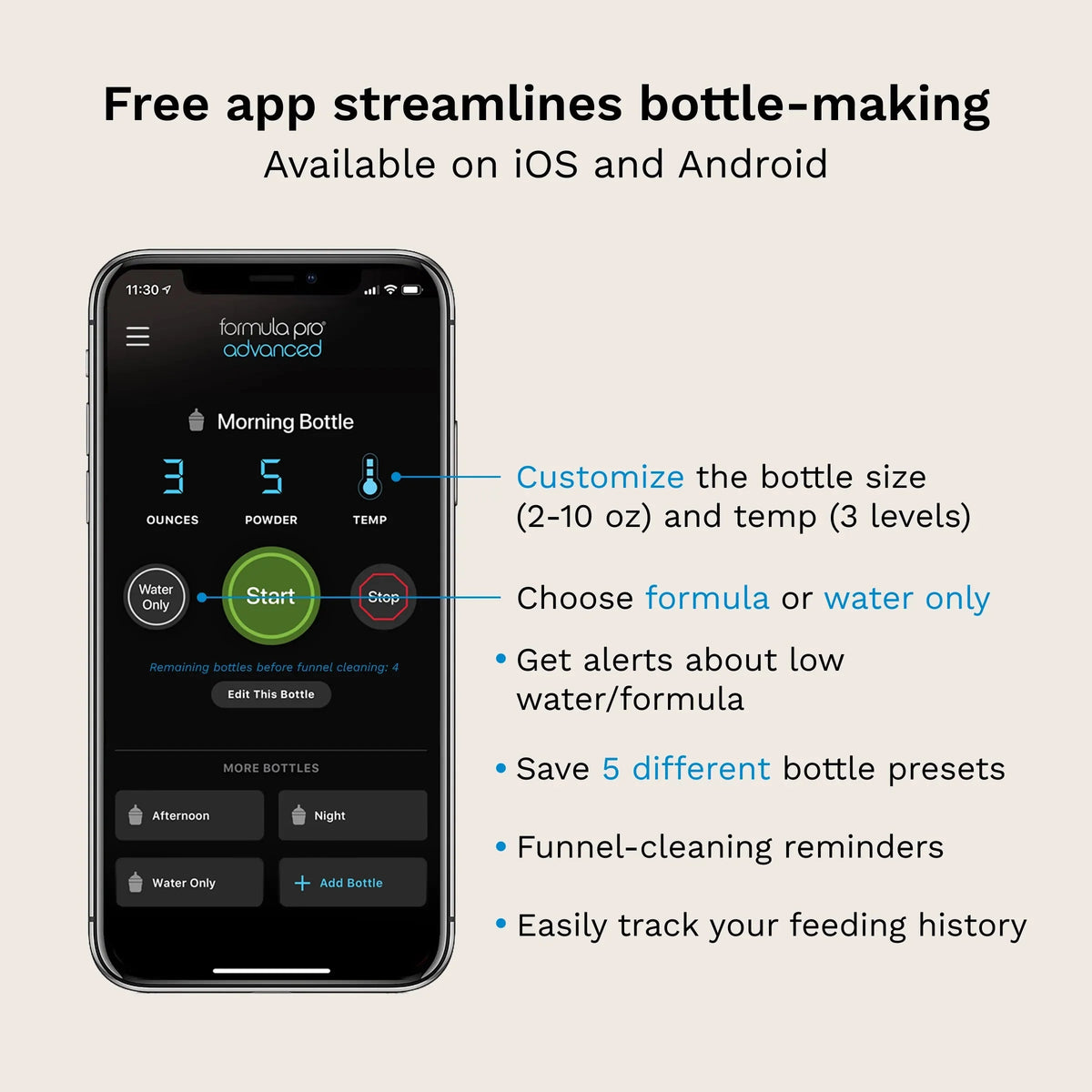 Mobile app screen for Formula Pro Advanced with bottle size and start settings