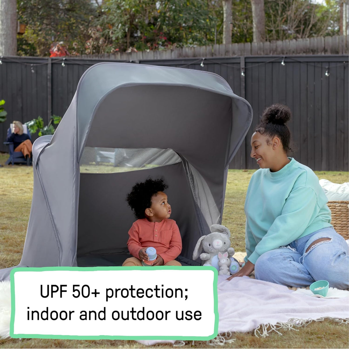 Dream & Retreat 3-in-1 playard, gray tent with mesh front window and padded base