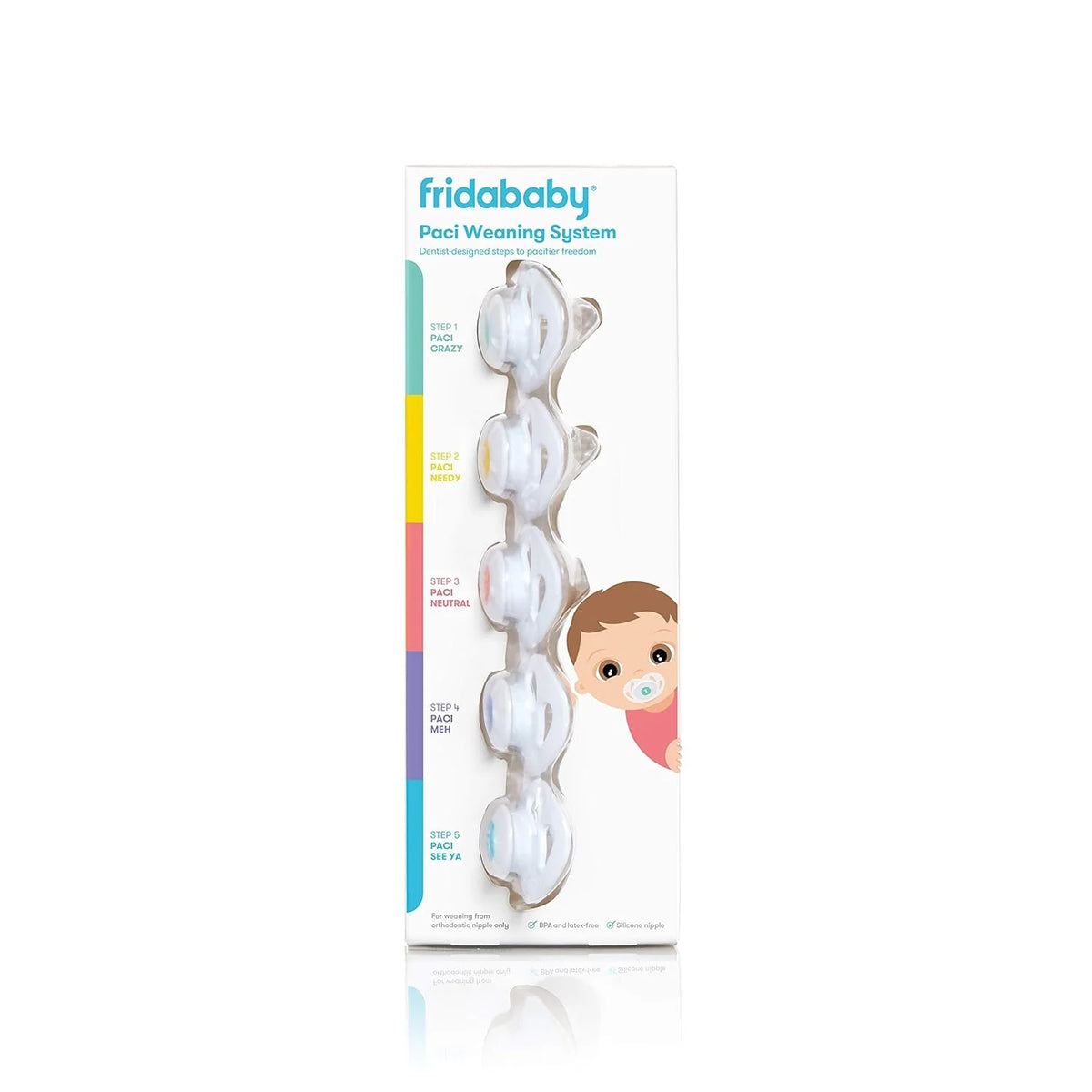 fridababy paci weaning system silicone pacifier set retail box with baby graphic