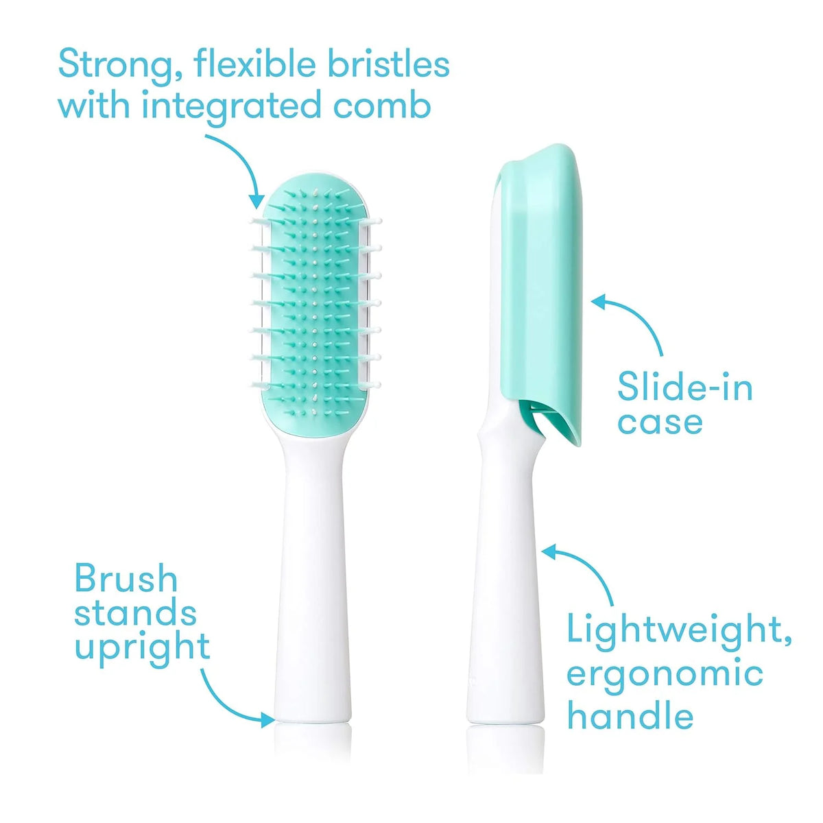 Turquoise bristle detangling hair brush with white ergonomic handle and slide-in case.