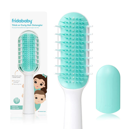 Turquoise bristle detangling hair brush with white handle and snap-on case.