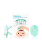 Infant hairbrush and comb set with teal accents and white bristles, in package view