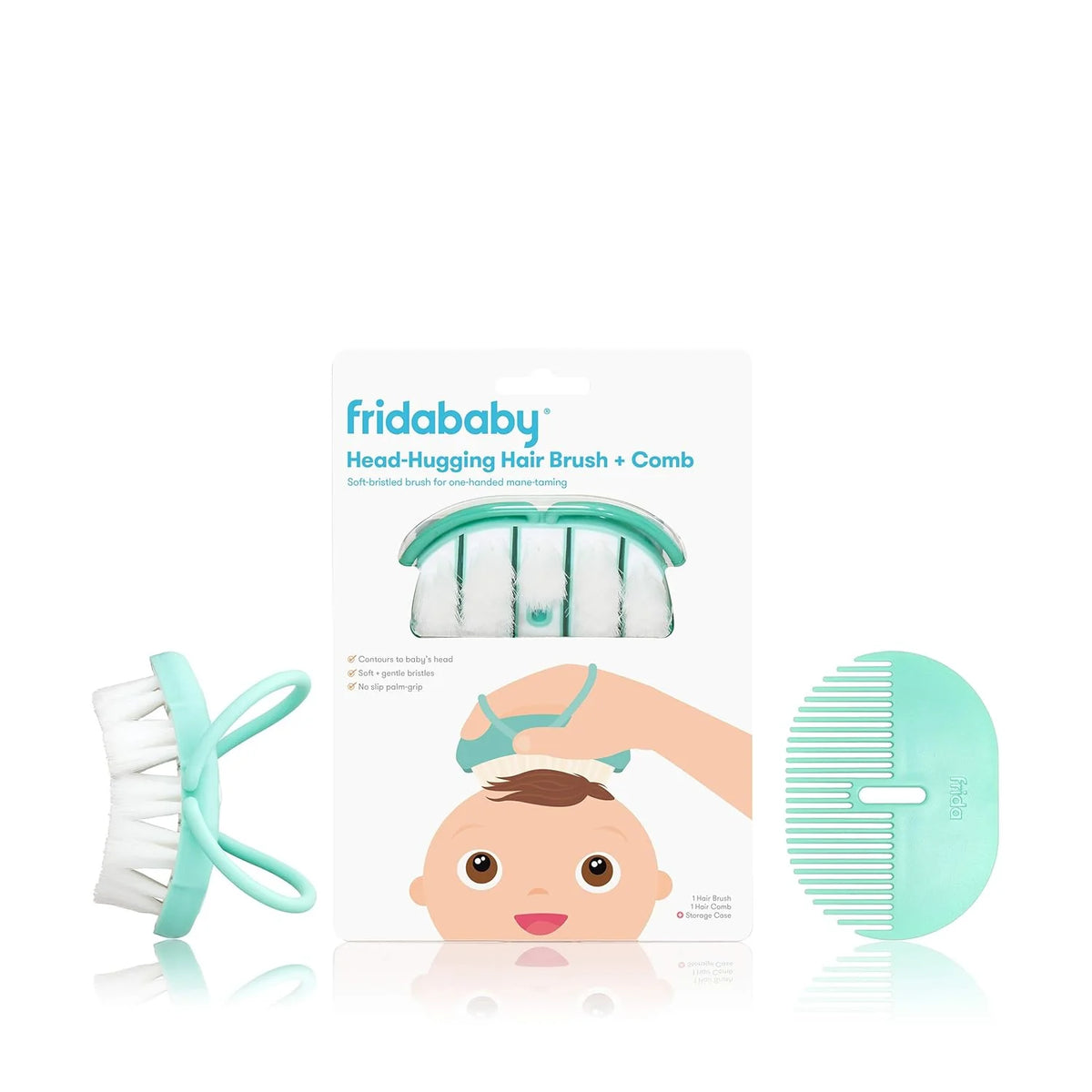 Infant hairbrush and comb set with teal accents and white bristles, in package view