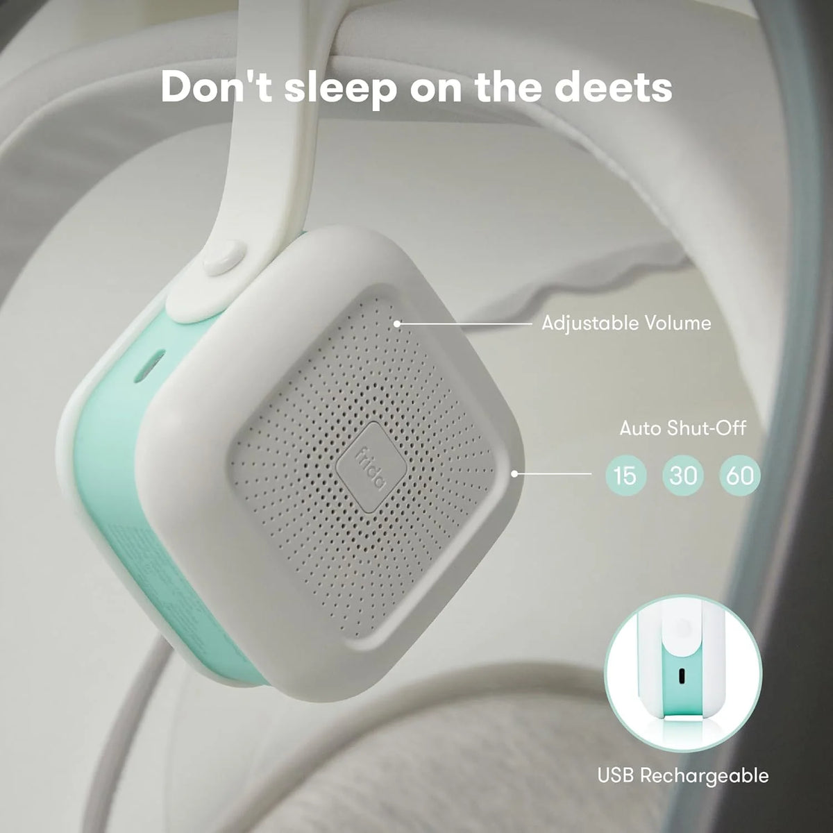 2-in-1 portable sound machine and nightlight, white with mint sides, USB rechargeable