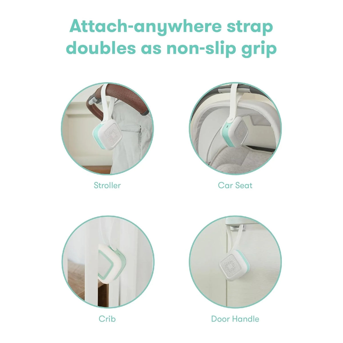 Portable sound machine strap shown for stroller, car seat, crib, and door handle