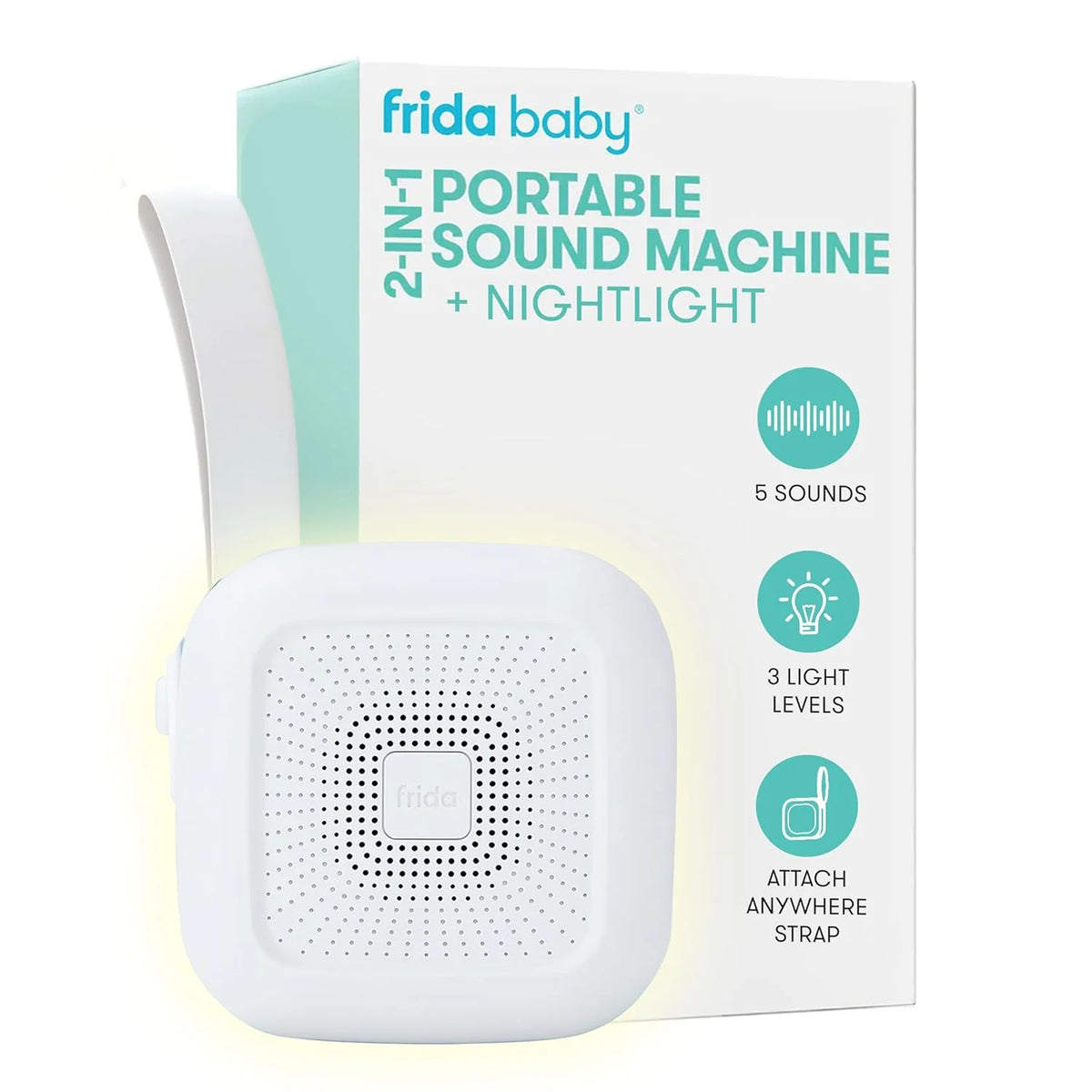 Portable sound machine with nightlight, white speaker unit with strap tag