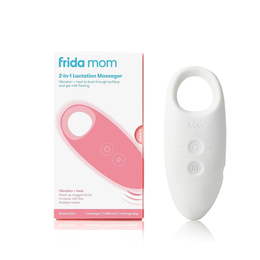 frida mom 2-in-1 lactation massager set: white handheld device and retail box