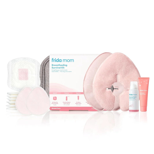 Breastfeeding essentials kit with pink nipple pads, gray zip pouch, and care tubes