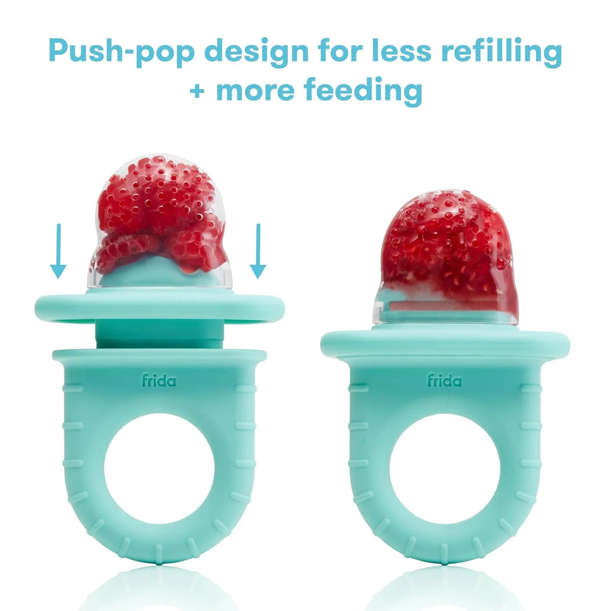 Two teal push-pop baby food feeders with red fruit dome caps, front view