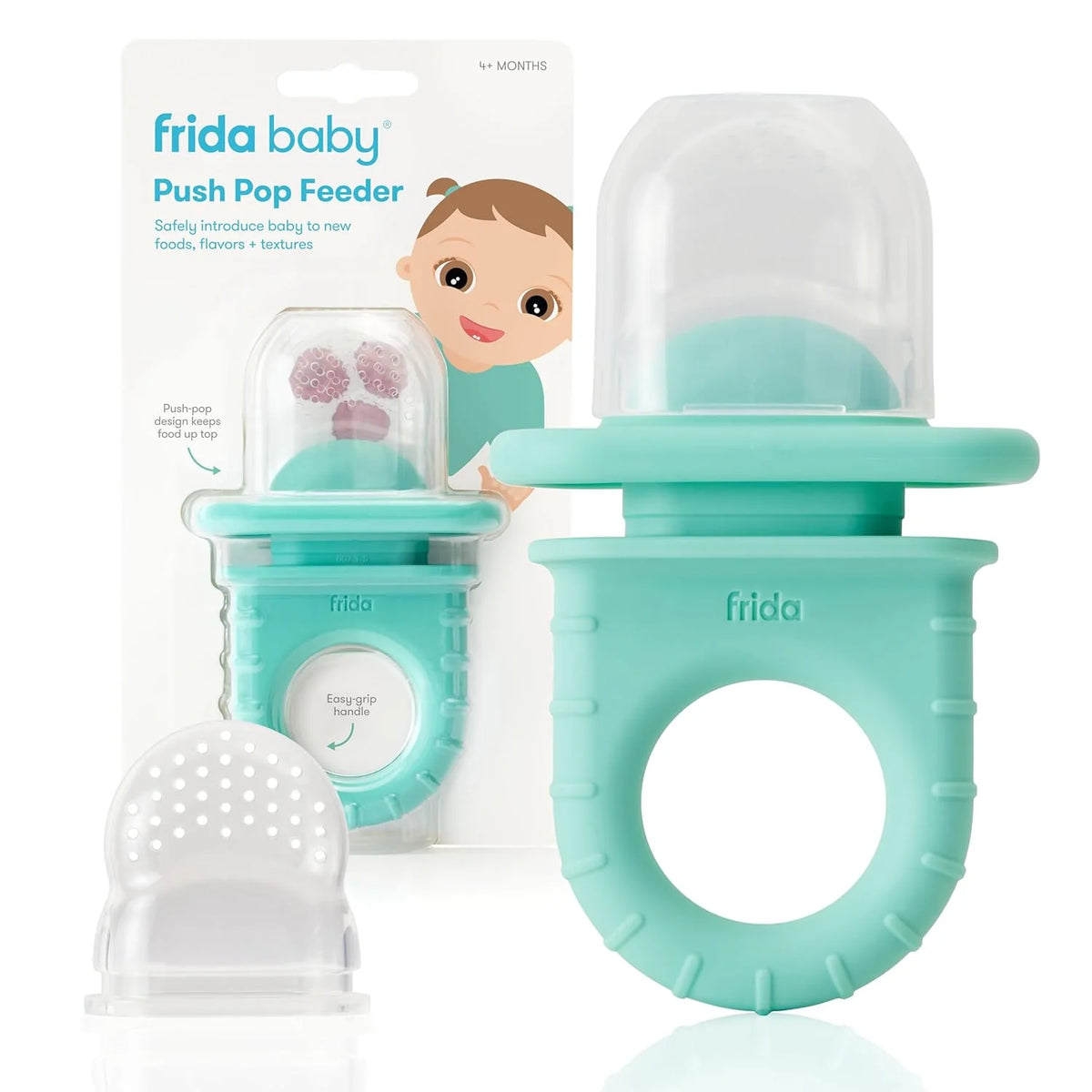 Teal push-pop baby food feeder with clear cap and bite-mesh for fruit purée