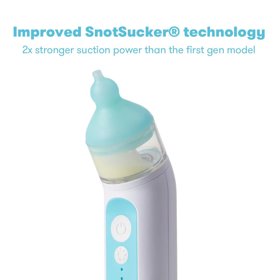 Electric nasal aspirator with light blue nosepiece and clear collection chamber on body