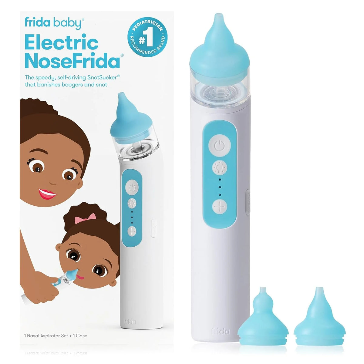 Baby electric nasal aspirator with light blue tips and clear suction nozzle, white body