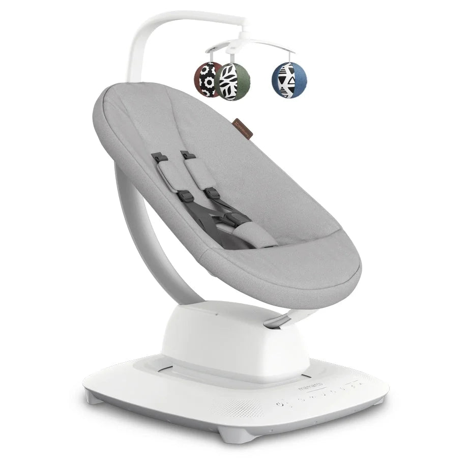 Mamaroo Stella grey mélange baby rocker with safety harness and hanging toys