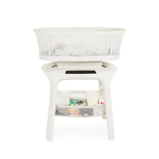 Storage basket with white frame and clear mesh sides, open top