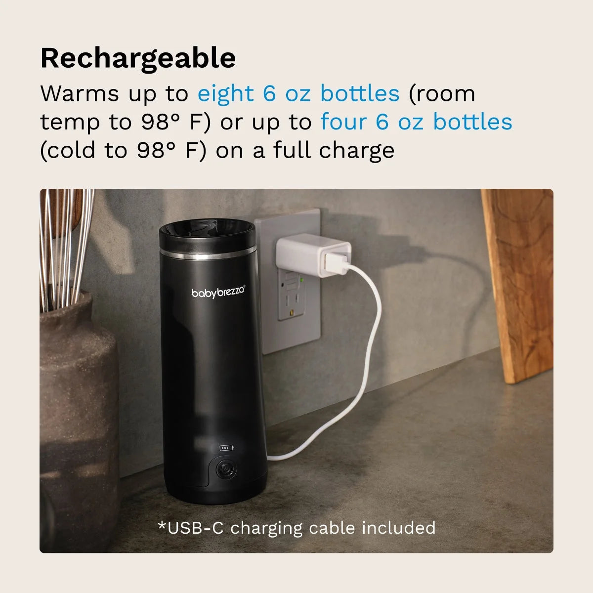 Portable bottle warmer, black cylinder with USB-C charging cable and adapter
