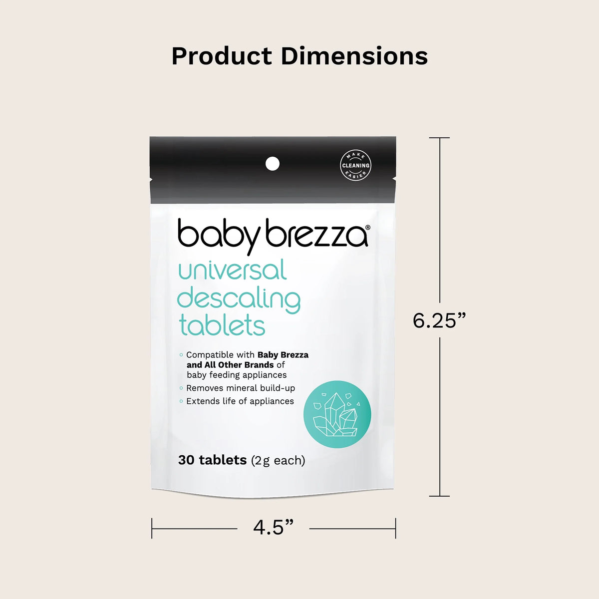 Universal descaling tablets pouch with babybrezza brand, product dimensions shown