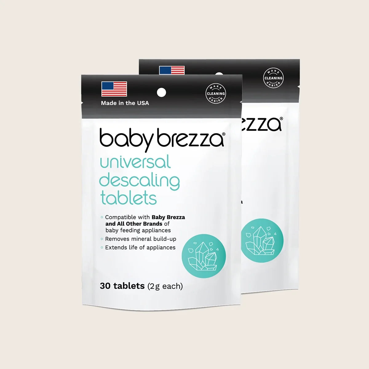 Universal descaling tablets pouch set with babybrezza branding and 30 tablets shown
