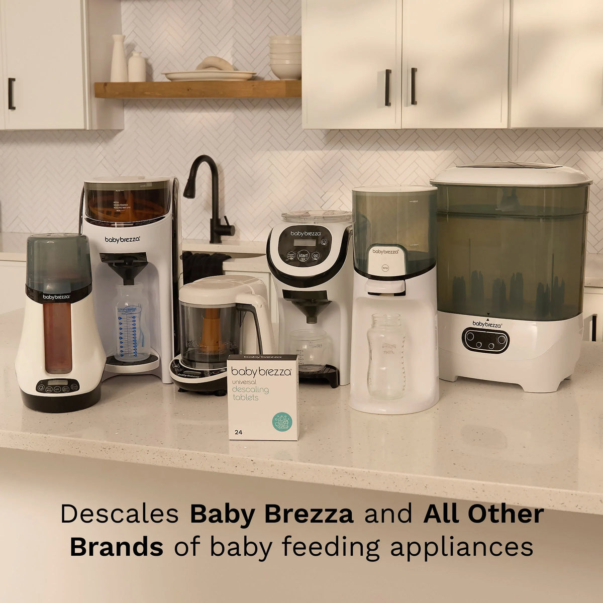 Descaling tablets box on kitchen counter beside bottle feeding appliances