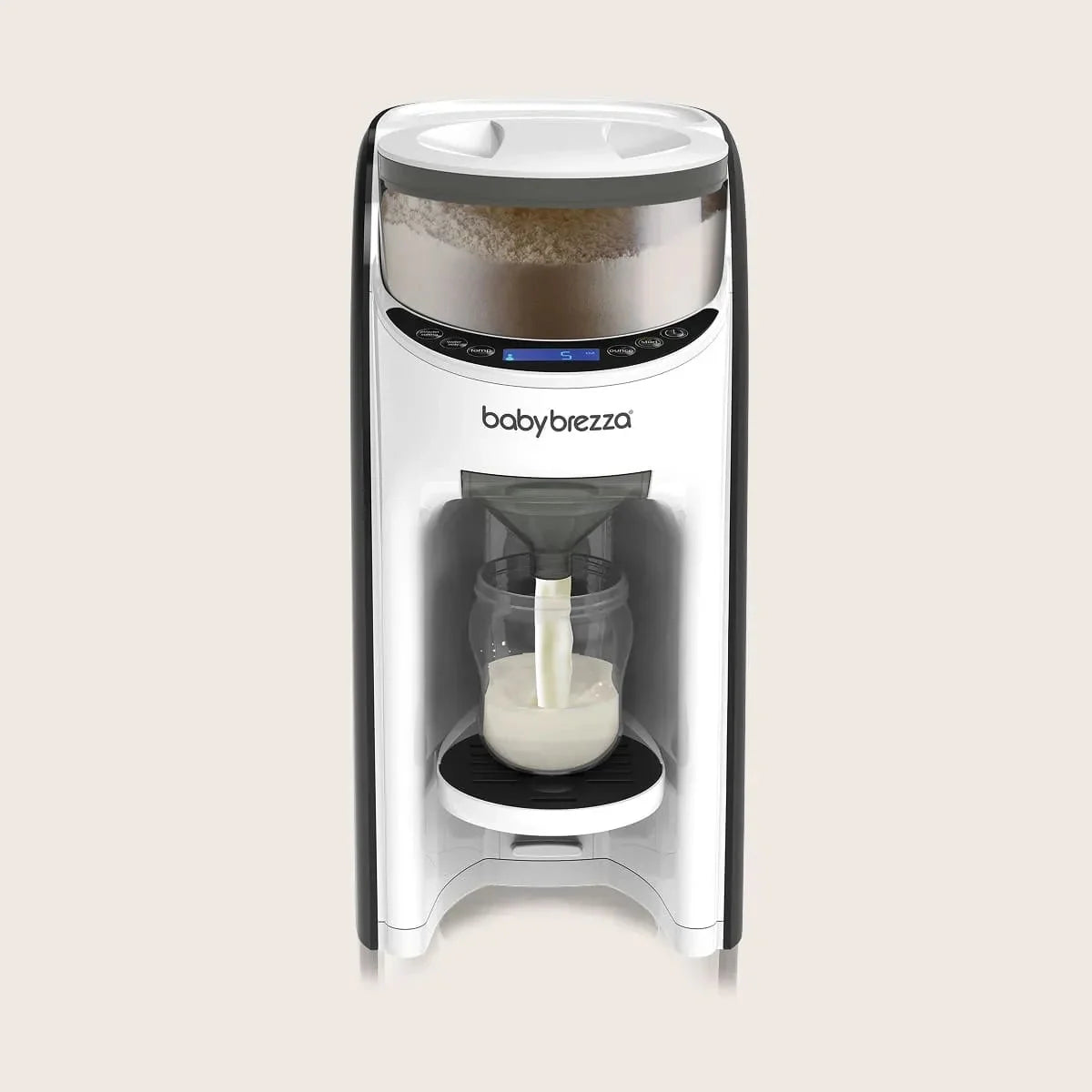 White formula dispenser with bottle and funnel top housing