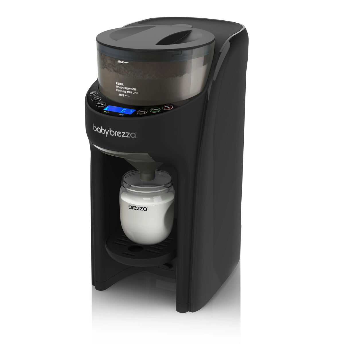 Black automatic formula dispenser with control buttons and bottle inside front viewing window