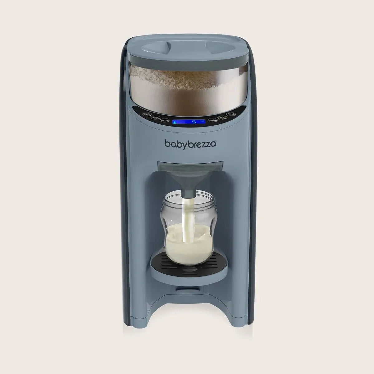 Blue automatic formula dispenser with clear top and bottle in dispensing chamber window