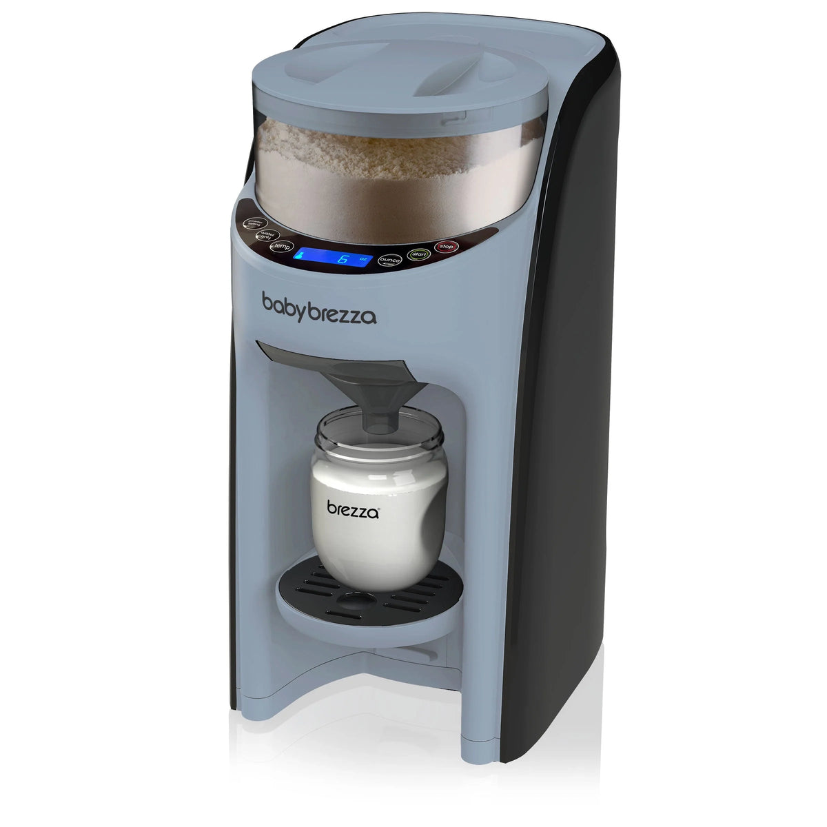 Light blue automatic formula dispenser with bottle in heating chamber behind front window