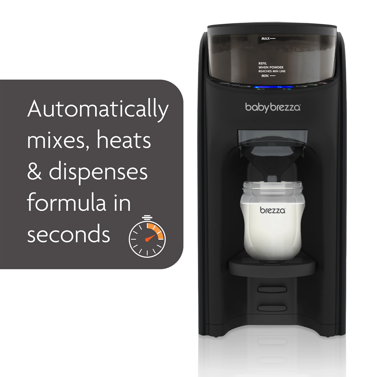 Black automatic formula dispenser with bottle inside front window and blue status lights