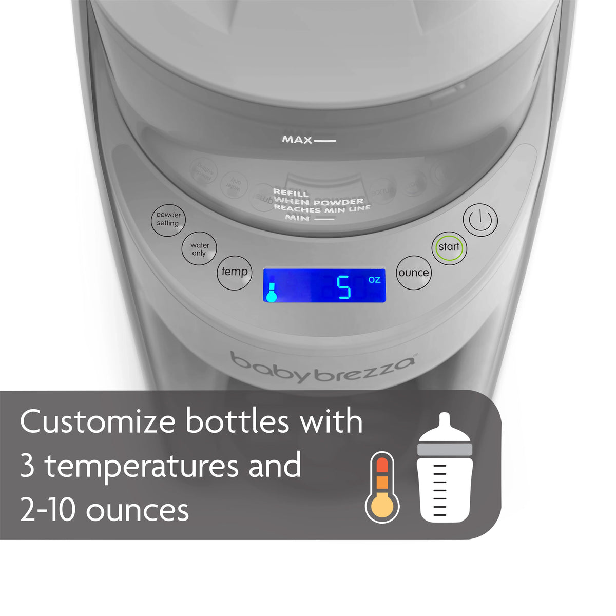 Gray formula dispenser top control panel with start and ounce buttons