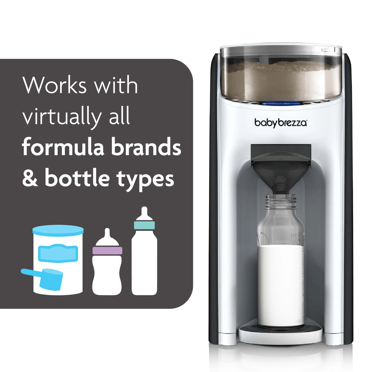 Black formula dispenser with bottle in chamber and stainless top