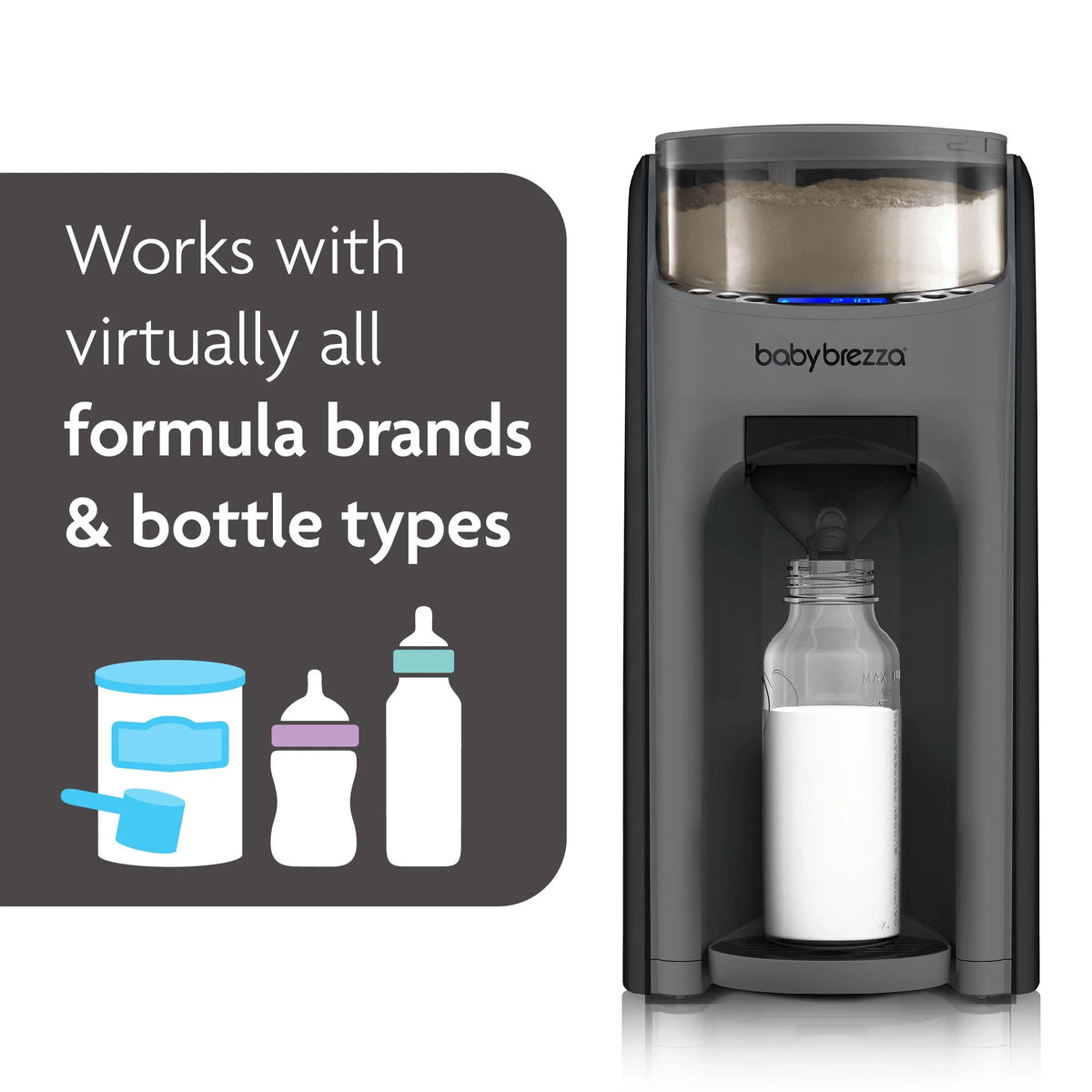 Black formula dispenser with illuminated display setting and bottle in chamber