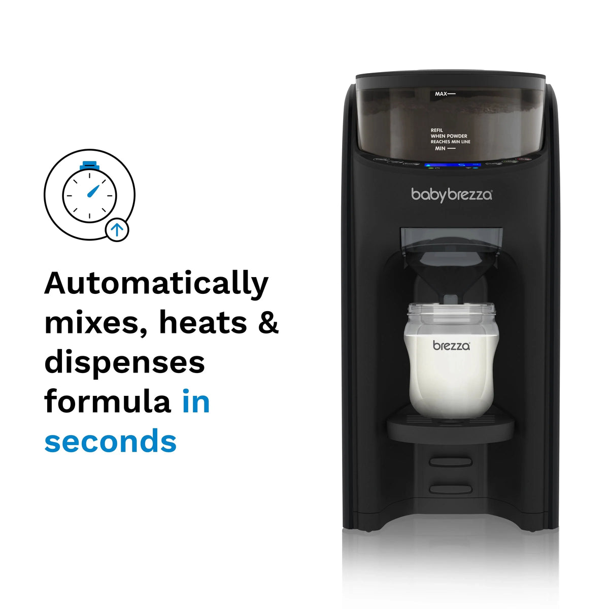 Black babybrezza formula dispenser with bottle positioned for mixing and dispensing